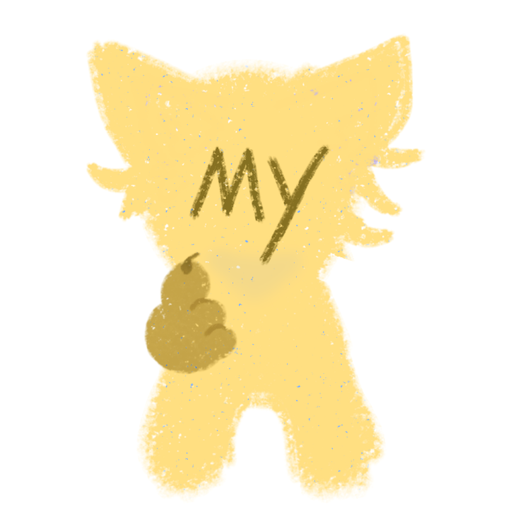 A simple, yellow, cartoon creature with the word "MY" on its face. It has a childlike, crayon-drawn style with rounded edges. The creature is pointing at itself with its right paw.